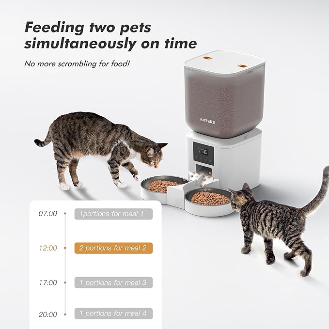Automatic Cat Feeder for 2 Cats - 8L/34 Cups Large Capacity Auto Food Dispenser with LCD Screen, 2 Food Trays, Timed Cat Feeder, Up to 50 Portions 6 Meals Per Day, Keep Fresh, White