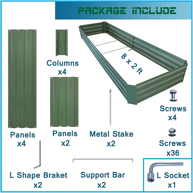 8x2x1ft Metal Raised Garden Bed Kit，Galvanized Garden Bed Box for Vegetables, Flowers, Herbs, and Succulents,120 Gallon Capacity - Green