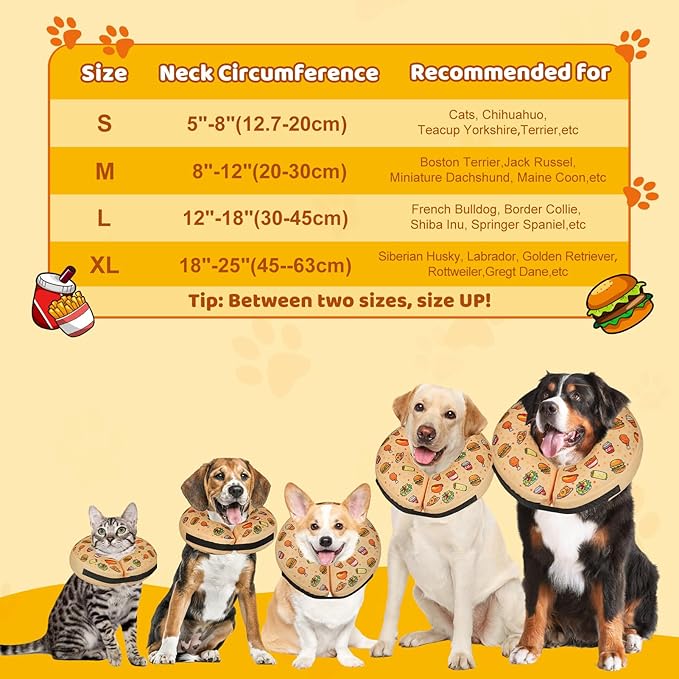 Grand Line Hamburger Inflatable Collar for Dogs and Cats, Soft Protective Recovery Cone After Surgery, Blow up Pet Collar Cone, E-Collar Alternative Does not Block Vision (Large)