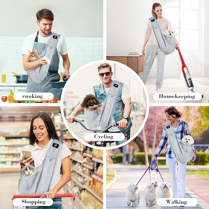 Dog & Cat Carrier Sling, Adjustable Soft Padded Shoulder Puppy Carrier, Hands-Free Dog Carrier Bag with Double Safety Buckles Premium Material for Outdoor Travel (Light Gray, L)