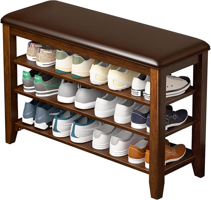 Entryway Shoe Storage Bench with Leather Cushion, Shoe Organizer Bench for Entryway, Ideal for Hallways Front Doors Entrances Mudrooms Featuring Rubberwood And 3 Height-Adjustable and Removable Shelve