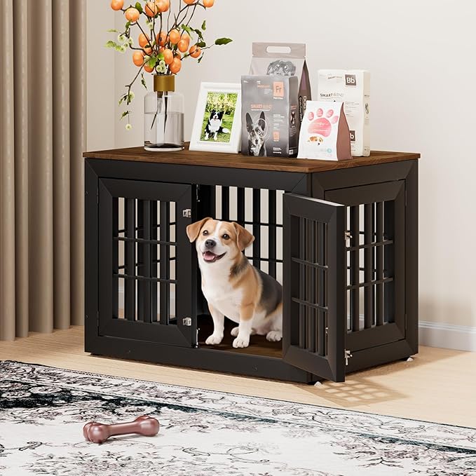 38" Heavy Duty Dog Crate Furniture for Small,Medium and Large Dogs,Rustic Wooden Dog Cage Kennel Indoor Furniture with Waterproof Top,Decorative Pet House Side End Table (Black & Wood)