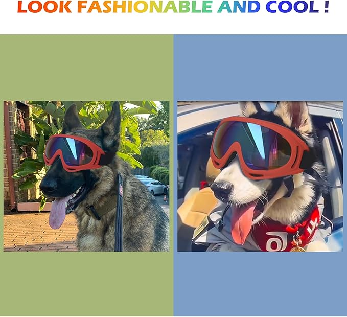 Winproof Adjustable Strap Dog Sunglasses, UV Protection, Soft Goggles (Red Frame)