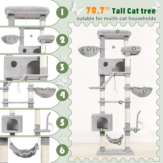 Cat Tree for Large Cats, 78.7"(200cm) Tall Cat Tower for Indoor Cats Multiple Cats with Large Top Perch, Cat Condo, Cat Hammcok, Cat Scratching Post, Light Gray GCT031W