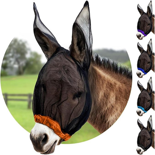 Donkey Fly Mask with Long Ears (Orange) Made in USA - Mule Fly Mask with Ears Protection from Insects and Bugs, Mini Donkey Soft Mesh Fabric with Adjustable Fastener, Face Cover Supplies for Donkeys