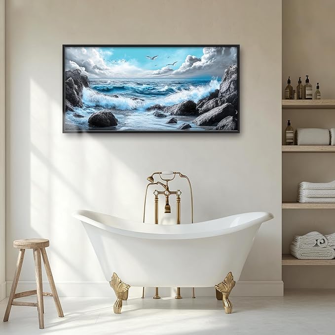 Extra Large Framed Abstract Sea Ocean Wall Art,Black and White Wall Decor, Coastal Seashore Pictures for Living Room,Canvas Print Painting Modern Artwork Bedroom Office Bathroom 60L x 30W