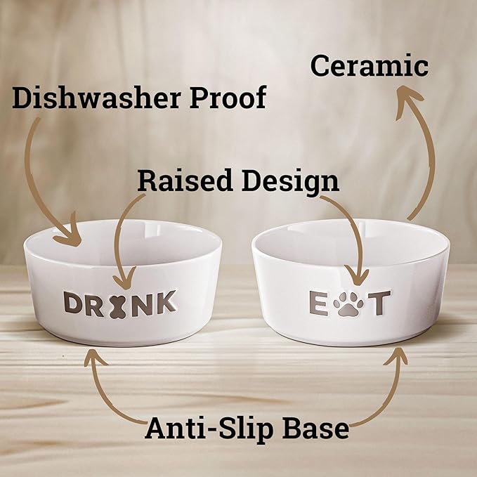 Ceramic Dog Bowl Set of 2 with Anti-Skid Base - 6.5" Wide x 2.5" Tall Ceramic Dog Bowls Medium Sized Dogs - 3.8 Cup Capacity Food and Water Bowls for Dogs - Rubber Bottom Pet Bowl Set of 2 Medium Size
