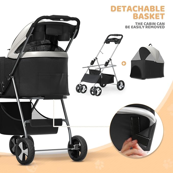 Magshion Foldable Pet Stroller, 3-in-1 Dog Travel Jogger with Detachable Carrier, Cup Holder, Storage Basket, Folding Carrier for Small/Medium Dogs & Cats Up to 33 lbs, Black