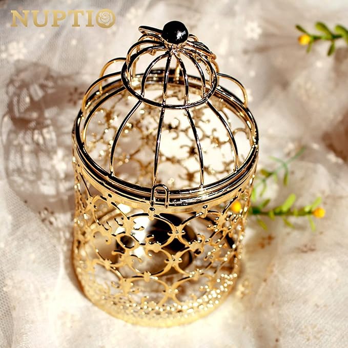 2 Pcs Small Metal Tealight Hanging Birdcage Lantern, Vintage Decorative Centerpieces of Wedding, Party, Gold