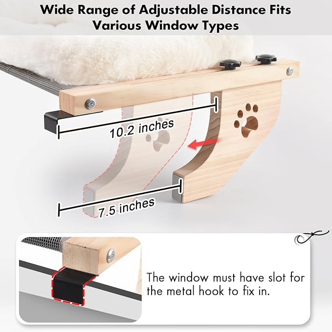 AMOSIJOY Cat Sill Window Perch Sturdy Hammock Window Seat with Cushion Bed Cover, Wood & Metal Frame for Large Cats, Easy to Adjust Cat Bed for Windowsill, Bedside, Drawer and Cabinet (M)