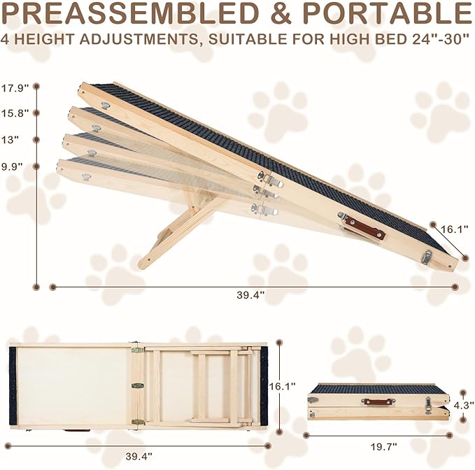 Foldable Dog Ramp for Bed, 4 Adjustable Portable Pet Ramps, 40" Long Pet Ramp for Small Dogs, for High Beds, Dog Step for Large Dogs Stairs for Car, Couch