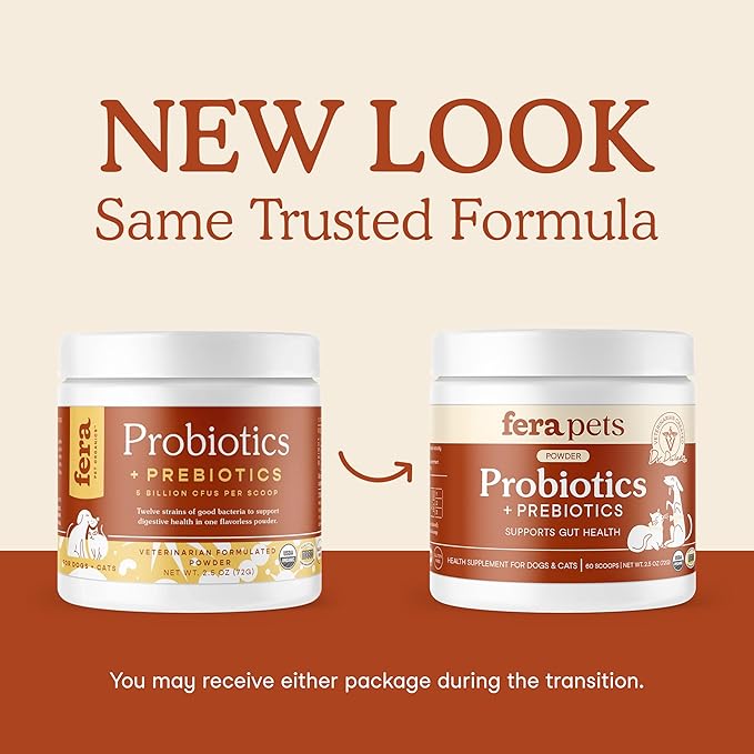 Fera Pets Probiotics for Dogs & Cats with Prebiotics - USDA Organic - Gut Health Powder Supplement with 12 Strains and 5 Billion CFUs - Supports Immunity, Energy and Skin & Coat - 60 Scoops