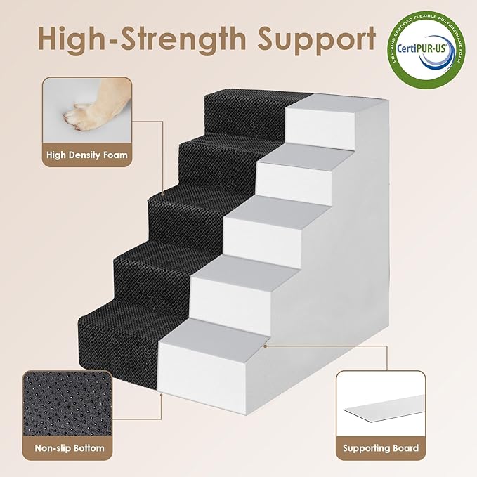 EHEYCIGA Dog Stairs for High Bed 25" H, 5-Step Extra Wide Dog Steps for Bed, Pet Steps for Small Dogs and Cats, Non-Slip Balanced Pet Ramp Indoor, Black