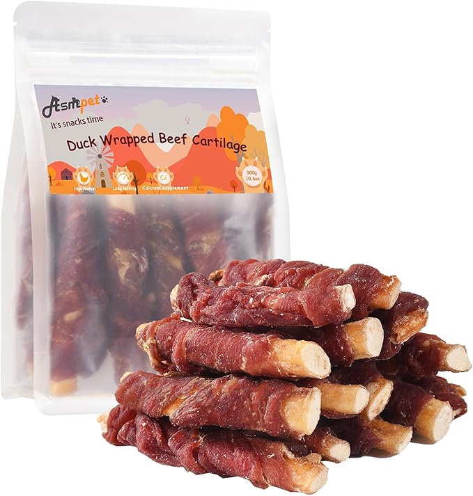 ASMPET Dog Treats, Duck Wrapped Beef Cartilage, Rawhide Free & Grain Free Dog Snacks
