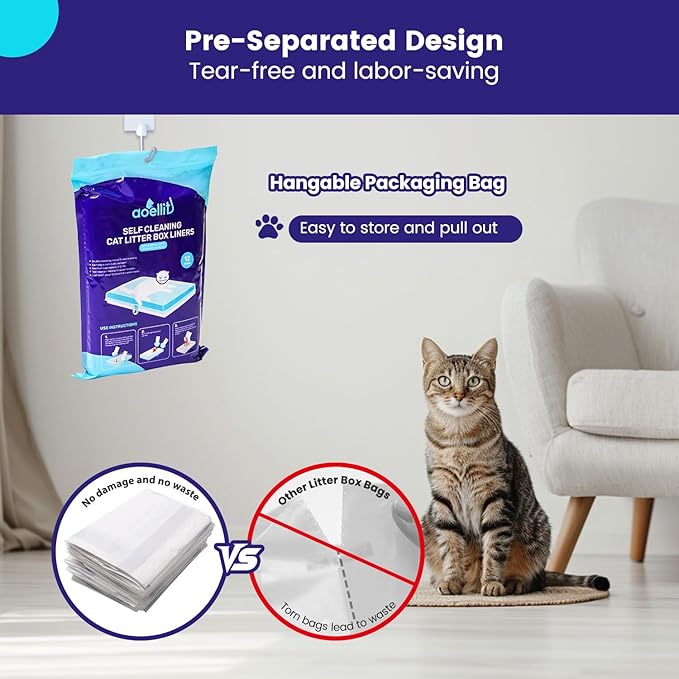 24 Count Litter Box Liners, Waste Bags Compatible with Pet-safe ScoopFree Self-Cleaning Litter Box Tray Refills, Drawstring Litter Bags for Reusable Tray, Pre-Separated (38"L x 14.5"W x 7.8"H)