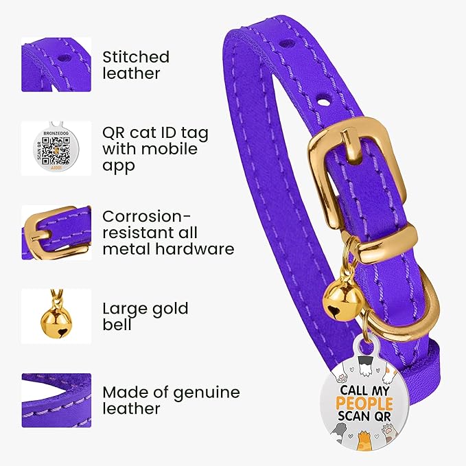 BRONZEDOG Leather Cat Collar with Removable Bells Non Breakaway Kitten QR Tag for Girl Boy (9" - 12" Cats/Mini Dogs, Purple & Gold)