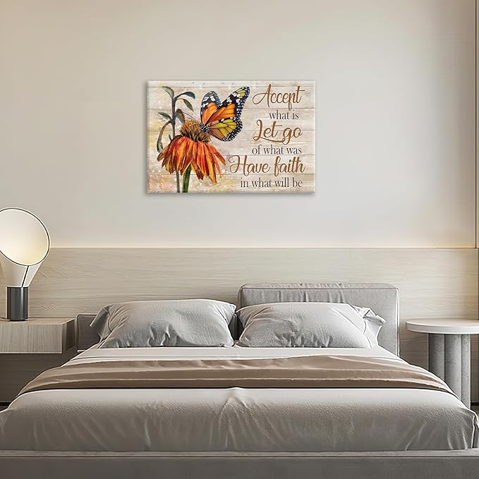 Farmhouse Butterfly Bathroom Pictures Wall Art, Rustic Floral Country Bathroom Wall Decor, Daisy Inspirational Framed Painting Canvas Artwork for Bedroom Living Room Decorations 24"L x 16"W