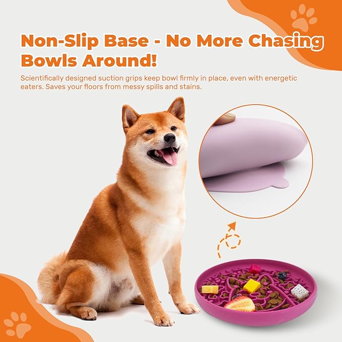 Dogs Slow Feeder Bowl,Silicone Dogs Bowl,Non-Slip Design, Puppy Pattern Interval Eating Slowly. (Peach Pink)