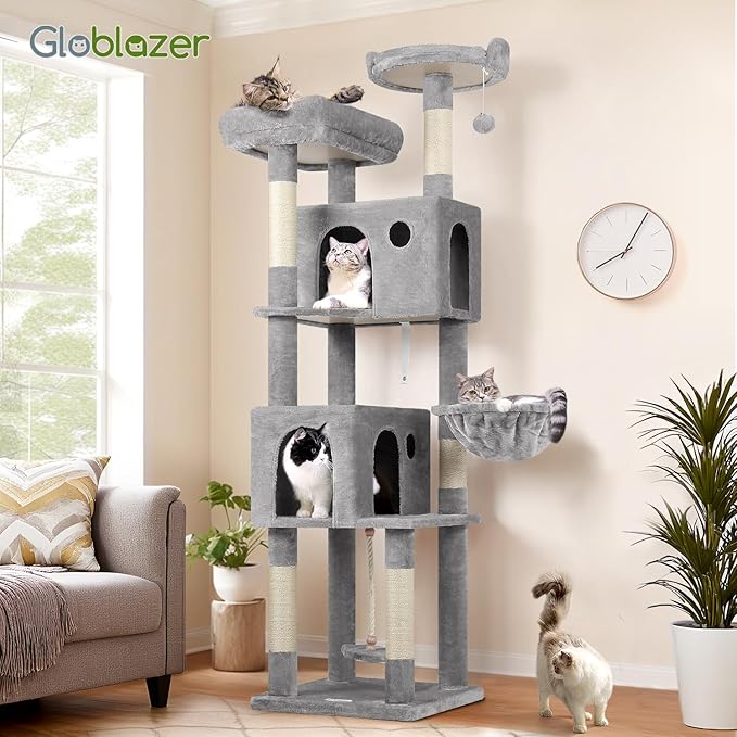 Globlazer Cat Tree, 70 inch Tall Scratching Tower Multi-Level Cat Condo for Indoor Multiple Cats with 2 Large Cat Caves, Top Perch, Large Platform, Bottom Swing, F70B, Light Grey
