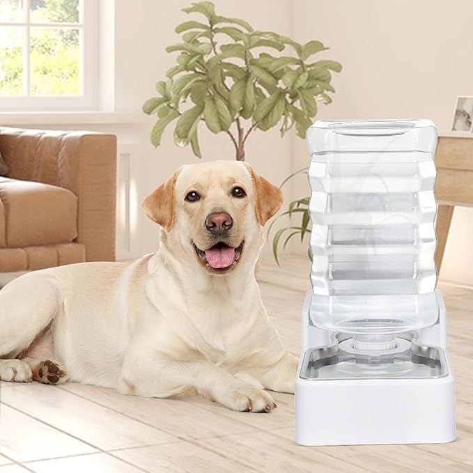 Automatic Dog and Cat Dispenser: 8L White Gravity Feeder with Stainless Steel Bowl - BPA-Free - No Spill Design for Cats and Dogs - Indoor and Outdoor Hydration