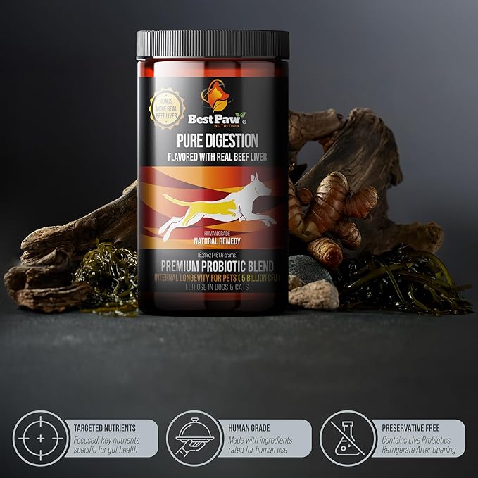 Dog & Cat Premium Probiotic Prebiotic & Digestive Enzymes 5 Billion CFU Organic Turmeric Coconut Oil Pure Pumpkin & Kelp for Healthy Bowels Gut & UTIs Beef Liver Flavor