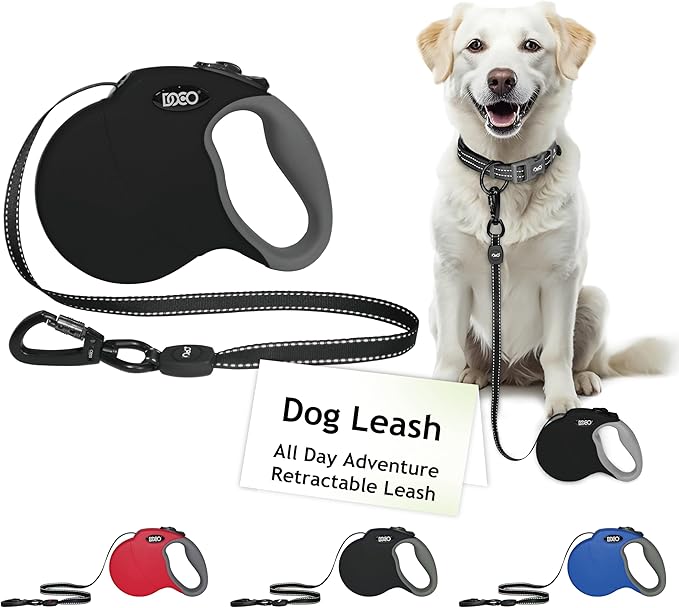 DOCO Retractable Dog Leash for Large Dogs (Length - 16’, Weight - Upto 110lb) Reflective Tape Lead with Stop and Lock Control, Tangle Free 360° Swivel Snap & Anti-Slip Grip (Black, Large)