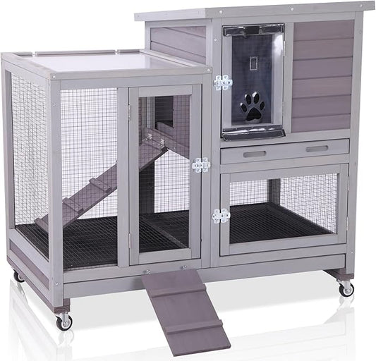GUTINNEEN Two-Story Rabbit Hutch Large Bunny Cage with Wire Mesh Floor, Leak-Proof Trays, Lockable Wheels for Indoor and Outdoor Use, 40.6" L x 26" W x 37.6" H