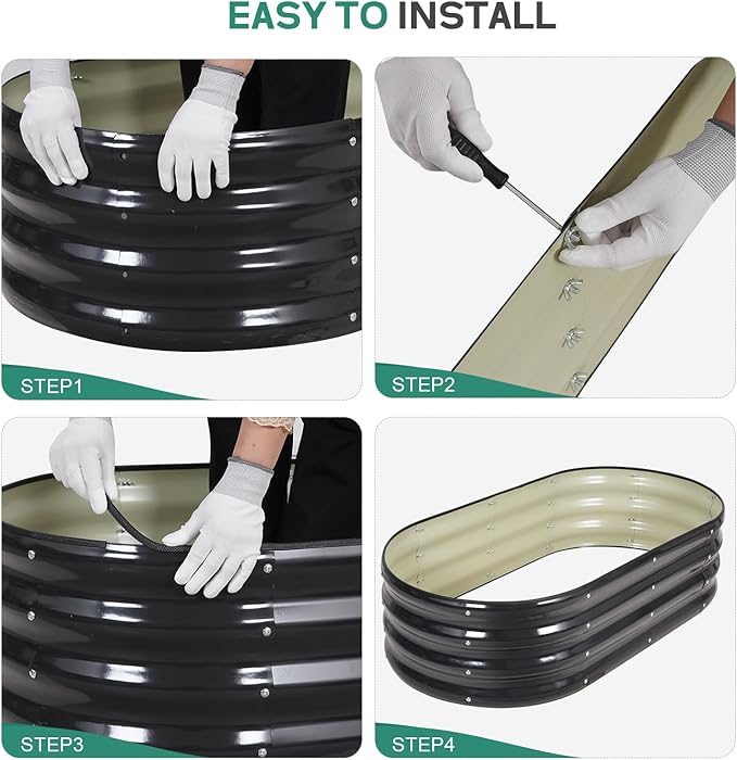 Galvanized Raised Garden Bed Outdoor - 4×2×1ft Planter Raised Beds for Gardening | Oval Metal Garden Planter Box with Safety Edging and Gloves for Vegetables Fruits and Flowers - Grey