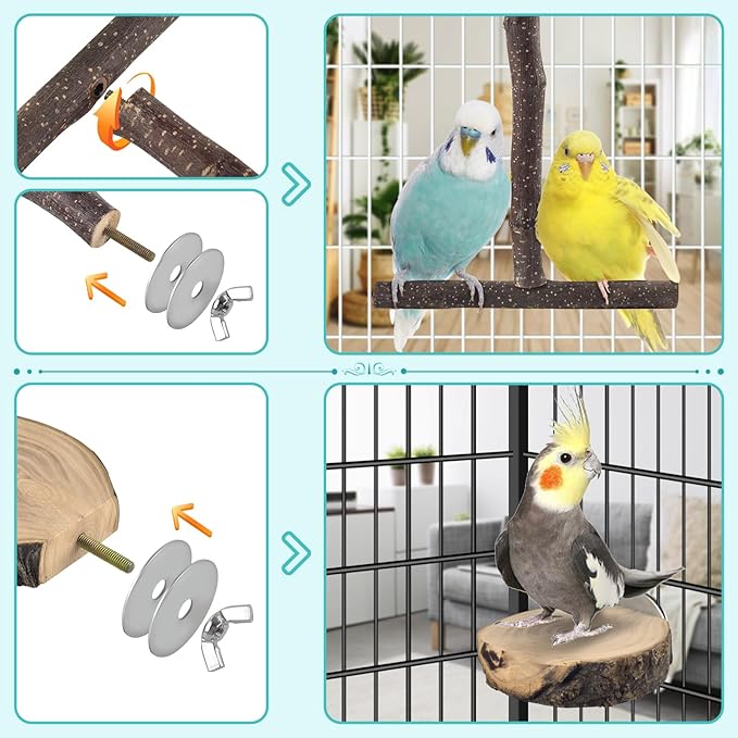 Bird Perches, 6 Pcs Natural Wood Parrot Perch Stand Chew Toys, Hanging Multi-Branch Parrot Perch Platform Swing Toy Cage Accessories for Small Parakeets, Budgies, Lovebirds, Canaries, Finches