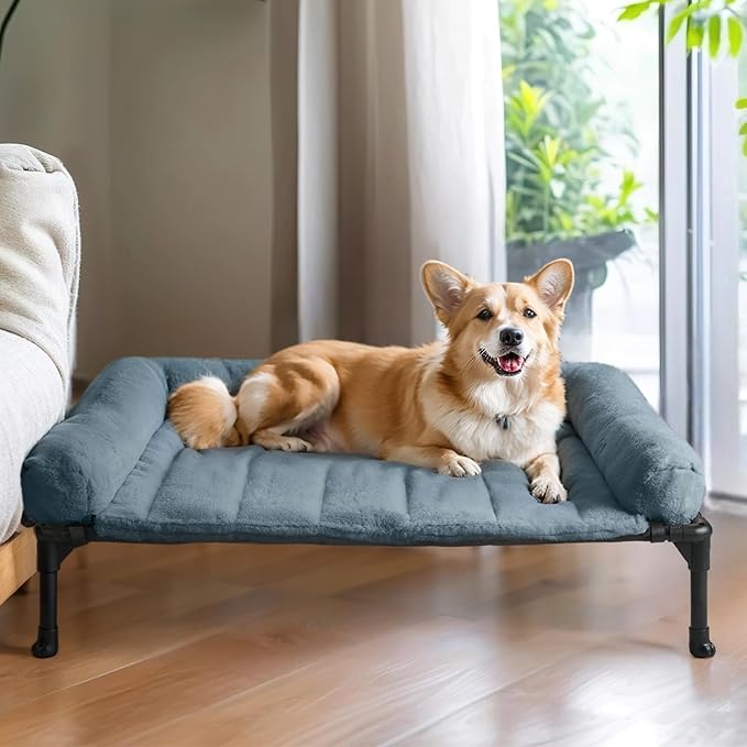 Veehoo Cooling Elevated Dog Bed with Fluffy Plush Bolster Cushion, Indoor Raised Dog Beds for Large Dogs, Soft Pet Sofa Cot with Removable Washable Mat, No-Slip Feet, 32 x 25 inches, Haze Blue