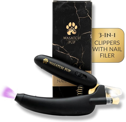 3-in-1 Dog Nail Trimmers and Pet Nail Clippers - Professional Grade with Stainless Steel Blades, LED & UV Light, and Nail Filer for Safety & Precise Toenail Pet Grooming - S to M Dogs