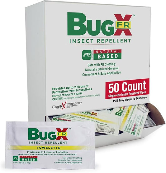 CoreTex Bug X FR DEET-Free Insect Repellent Wipes - Pack of 50 Single-Use, Naturally Derived Geranium Oil Bug Wipes - Protects Against Flies, Fleas & Mosquitoes - Travel Mosquito Repellent Towelettes
