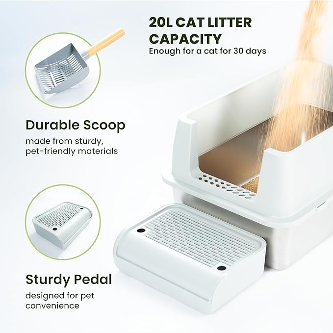 Cattasaurus Stainless Steel XL Cat Litter Box with Lid for Large Cats Up to 40lbs, Removable Kitty Litter Box Enclosure, Top Entry Litter Box, Durable Scoop & Pedal (Stainless Steel - Only Base)