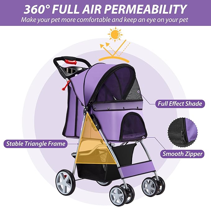 4 Wheels Pet Stroller for Small Medium Dogs Cats 10-33 lbs, Foldable Dog and Cat Stroller with Cup Holder & Storage Basket & Breathable Mesh, Pet Strolling Cart for All-Season, Purple