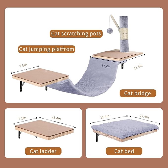 Cat Shelves for Wall, Wall Mounted Cat Furniture Set,with Hammock,Jumping Boards,Sofa,Steps,ScratchingPost,Hanging Ball and Felt Pads, Suit for Cats Climb, Jump,Scratch-Gray