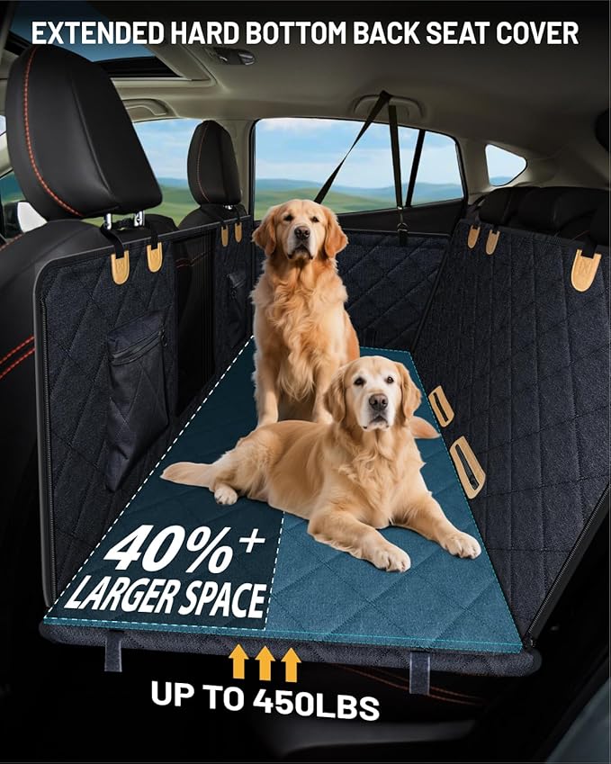 Back Seat Extender for Dog, Waterproof Dog Car Seat Cover for Back Seat, Hard Bottom Car Seat Cover, Large Space Hammock for Full-Size Crewcab Trucks, Pet Seat Cover Holds 450lbs(Black)