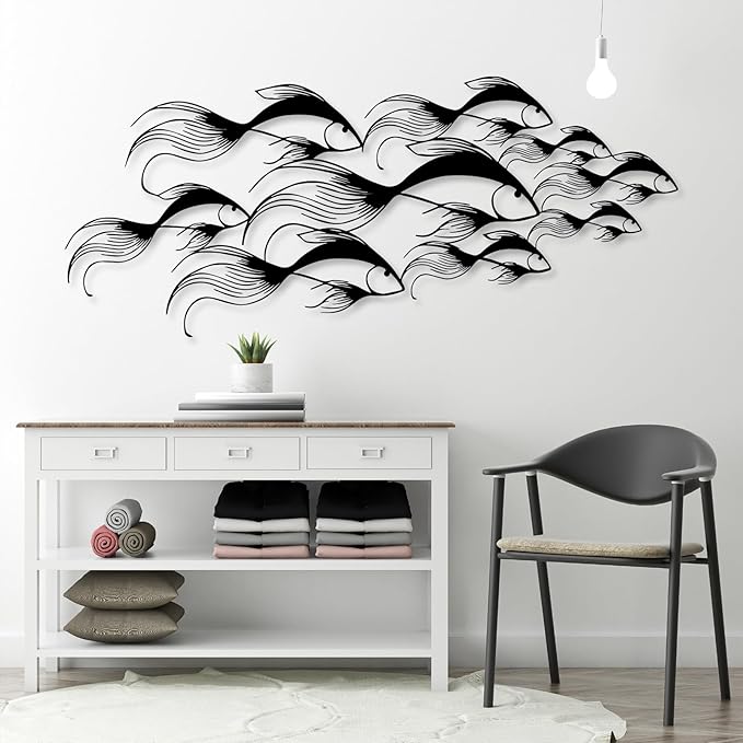 School of Fish Metal Wall Art, Metal Fish Wall Decor, Sea Life Wall Art, Large Nautical Wall Hanging, Modern Beach House Wall Decor, Ocean Themed Artwork for Bathroom (Black, 53"x22" | 135x57cm)