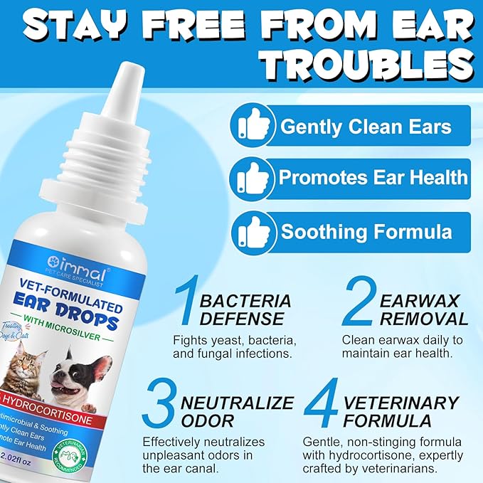 Dog & Cat Ear Infection Treatment Drops, Pets Ear Cleaning Drops with 1% Hydrocortisone for Dog & Cats Yeast Infection, Itchy Ear Relief, Treats Ear Infections for Dogs & Cats - 2 fl oz