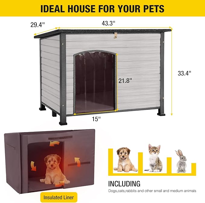 Aivituvin Dog House Outdoor with Insulated Liner, Weatherproof Dog House for Winter, Suitable for Small & Medium & Large Dogs with Unique All-Around Iron Frame(Off-White)