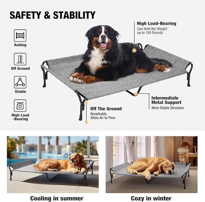 Veehoo Cooling Elevated Dog Bed, Guardrail Raised Pet Cot, Indoor & Outdoor XXL Pet Bed with Washable & Breathable Teslin Mesh, Non-Slip Feet, Dog Couch Bed, 62.5" x 37", Black Silver
