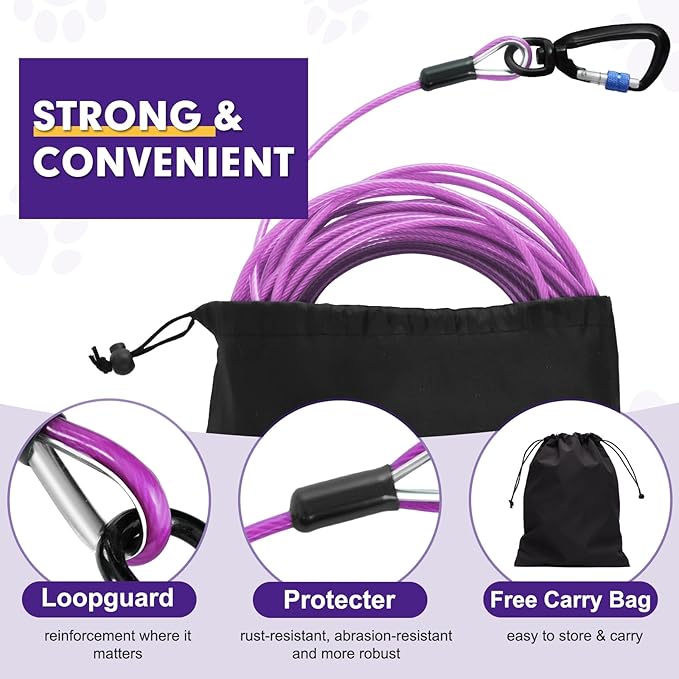 Snagle Paw Dog Leads for Yard 100FT-1000LBS Break Strength,Heavy Duty Tie Out Cable for Dogs with Swivel Lockable Hook & Spring,Chew Proof Dog Chain for Outside,Dog Run Cable for Medium Large Dogs