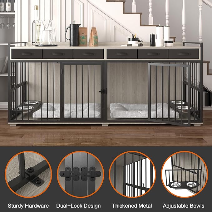 86.6inch Dog Crate Furniture with Storage,Furniture Style TV Stand Dog Kennel for 2 Dogs,with 6 Drawers,Removable Divider&Adjustable Bowls,Heavy Duty Metal Chew-Resistant Dog Crate Furniture