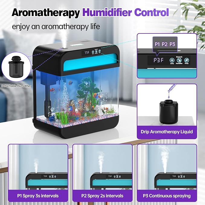Fish Tank 2.2 Gallon Fish Aquarium with Music Humidifier 7 Color Auto-Looping Light Adjustable Water Pump with Filtration & Aeration & Circulation, Temperature Display, Bottom Water Changer