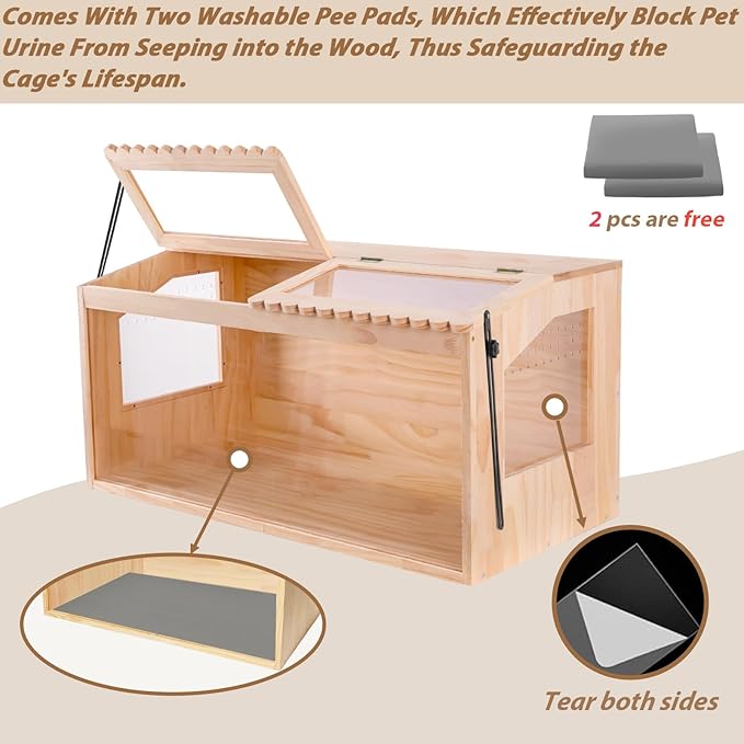 Wooden Hamster Cages and Habitats, 48"x20"x20" Guinea Pig Cage, Small Animal Cage for Dwarf Syrian Hamsters Degus Mice & Other Small Pets. Big Hamster Habitat with 2 Adjustable skylights.