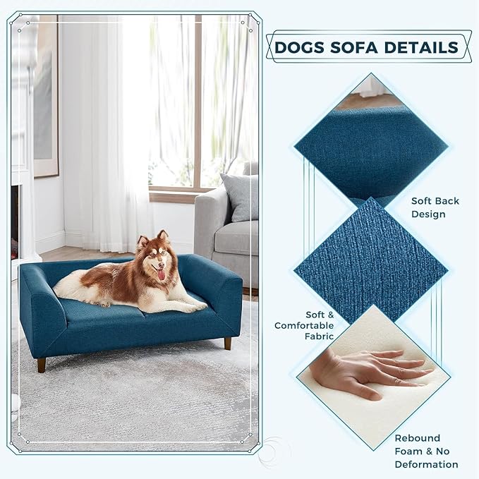 Dog Sofa Couch for Medium to Large Dogs, Memory Foam Dog Sofa Bed, Modern Elevated Pet Couch Bed with Wooden Legs, Light Grey