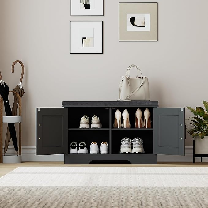 2-Tier Storage Bench, Shoe Bench with Padded Seat Cushion, Entryway Bench with 2 Barn Doors, Adjustable Shelf, 13.8" D x 27.6" W x 17.7" H, for Entryway, Living Room, Bedroom, Black