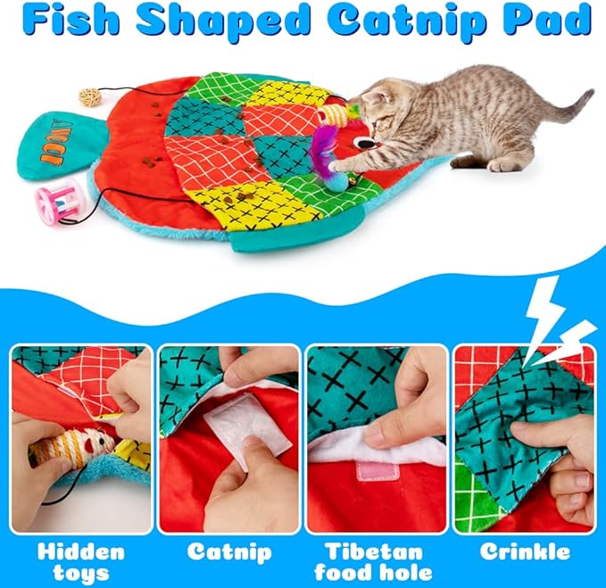 AWOOF Cat Mat, Cute Soft Catnip Mat, Cat Activity Mat Machine Washable Catnip Toys Interactive Cat Toys for Indoor Cats (Fish Shape)