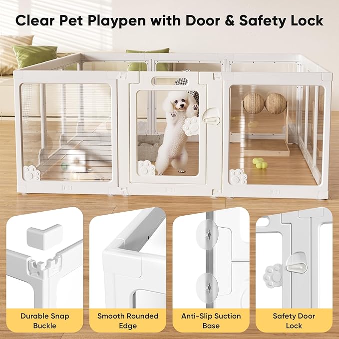 Acrylic Clear Dog Play Pen Indoors, Puppy Playpen with Door for Small Dogs Puppies, Transparent Plastic Pet Playpen Cage Fence Crate Kennel for Cat Kitten Rabbit Bunny Ferret etc (White-12 Panels)
