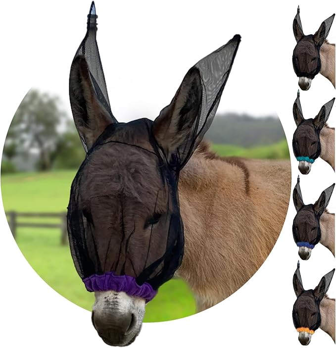 Donkey Fly Mask with Long Ears (Purple) Made in USA - Mule Fly Mask with Ears Protection from Insects and Bugs, Small Donkey Soft Mesh Fabric with Adjustable Fastener, Face Cover Supplies for Donkeys