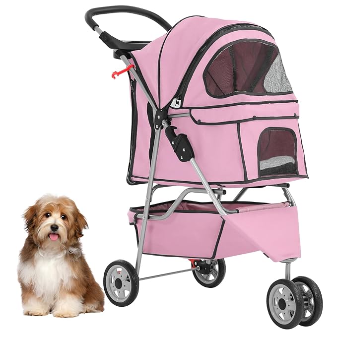 3-Wheels Pet Strolling Cart for Small Medium Dogs and Cats with Storage Basket,Holder, Foldable Pet Stroller with Waterproof Cover, Breathable Mesh for All-Season, Pink